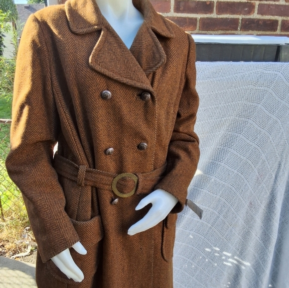 Vintage  tweedy double breasted wool Trench L- 1X NWT - Picture 2 of 16